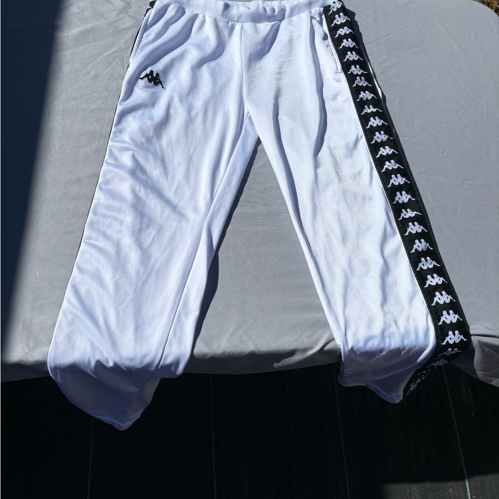 Kappa Mens White Joggers with Black Logo Stripes